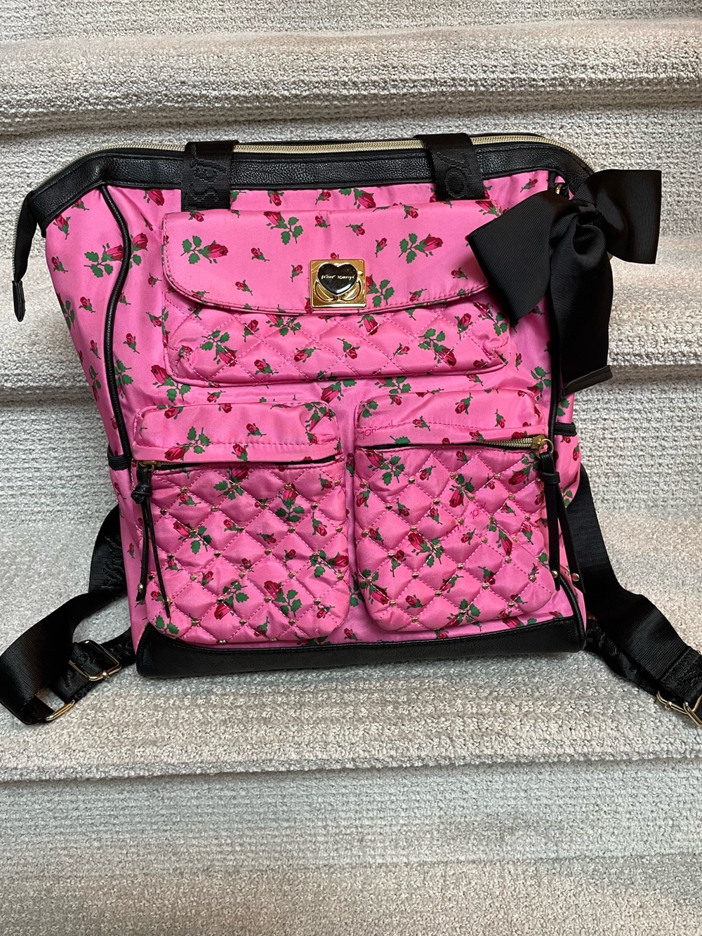 Luv Betsey by Betsey Johnson Pink Floral Quilted Backpack with Black Bow 2010’s